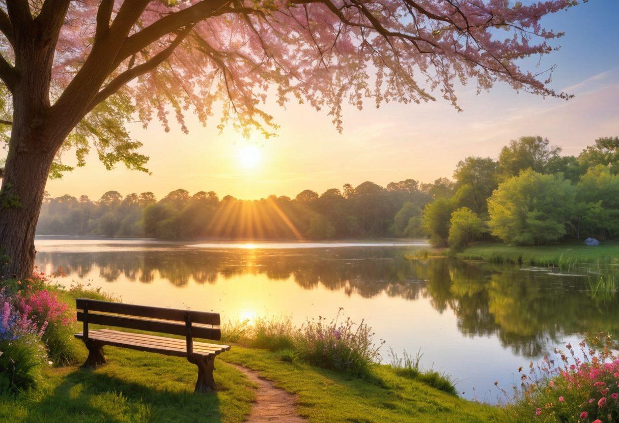 A serene landscape depicting a sunrise over a tranquil lake, symbolizing new beginnings and joy. A pathway lined with vibrant wildflowers leads to a cozy bench under a blooming tree, inviting reflection and peace. Soft rays of sunlight peek through the branches, illuminating the scene and creating a warm, inviting atmosphere. People of diverse backgrounds engage in joyful activities nearby, suggesting communal bliss. dreamy and uplifting. soft pastel colors. 3D.